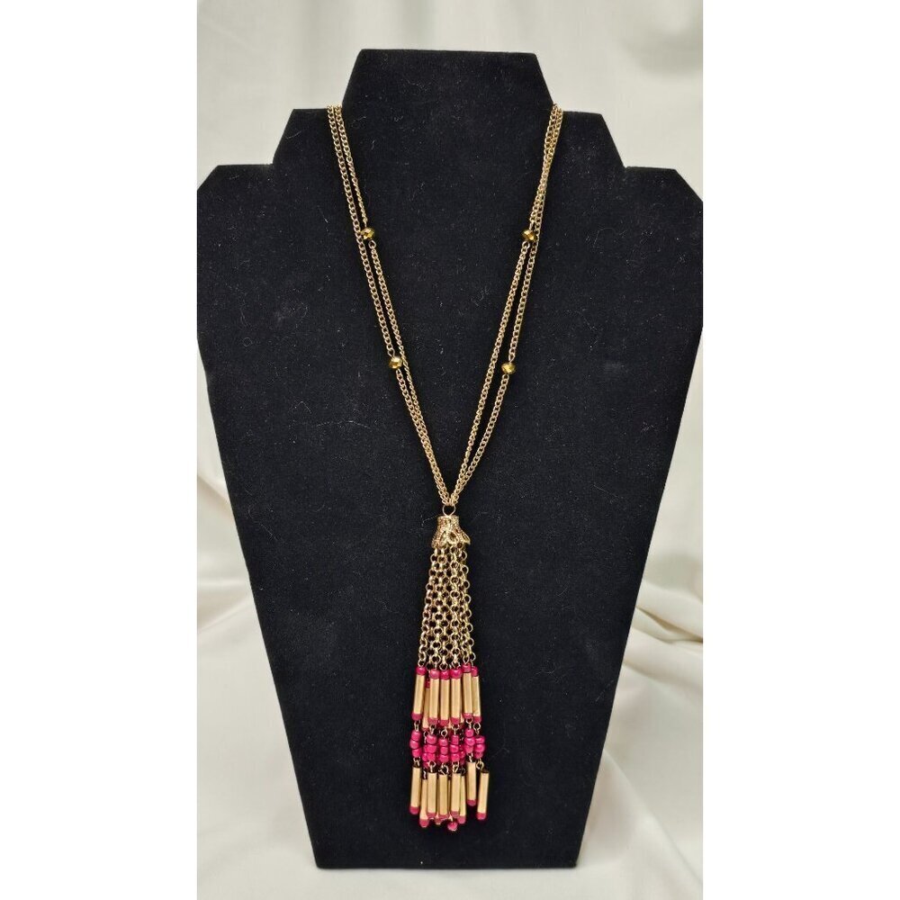 Vintage Gold Tone Tube Tassel Necklace Bead Accents Boho Chic Jewelry
